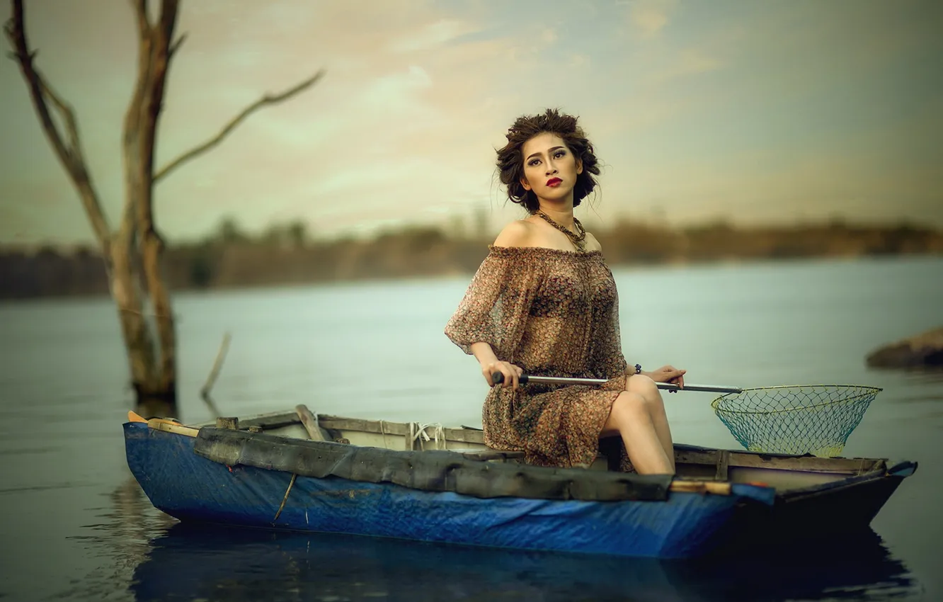 Photo wallpaper girl, background, boat