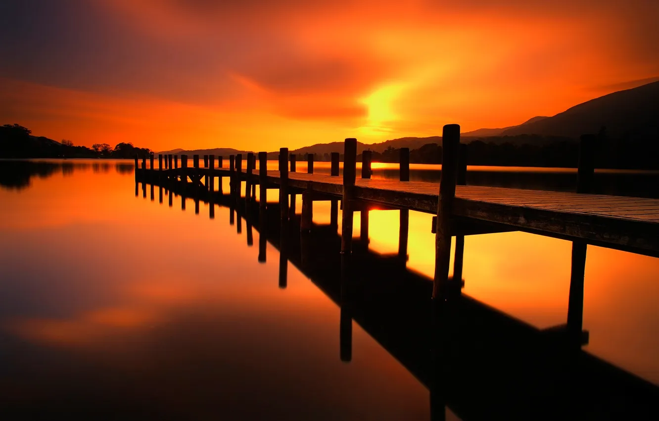 Photo wallpaper sunset, mountains, lake, the evening, pier, pierce, glow