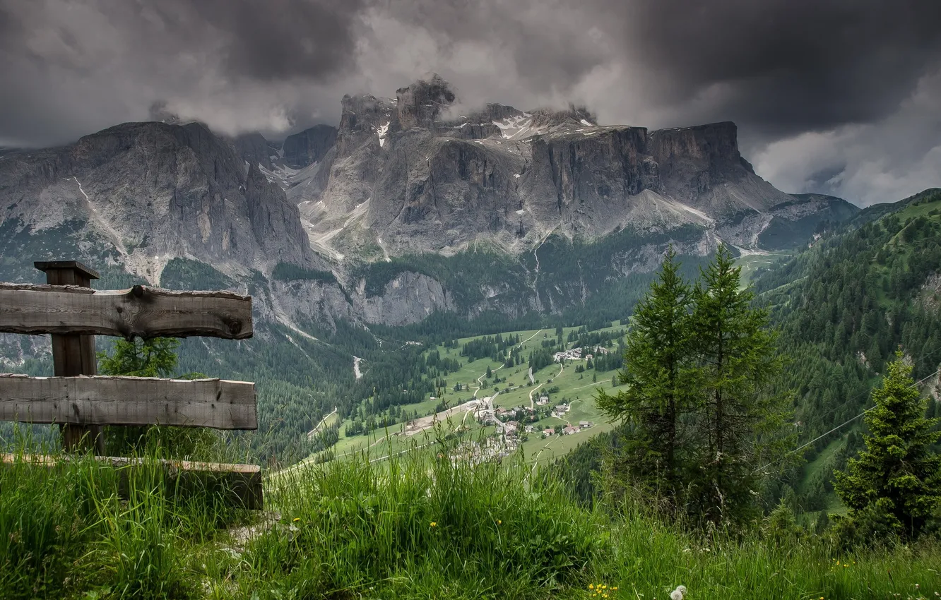 Photo wallpaper landscape, mountains, bench