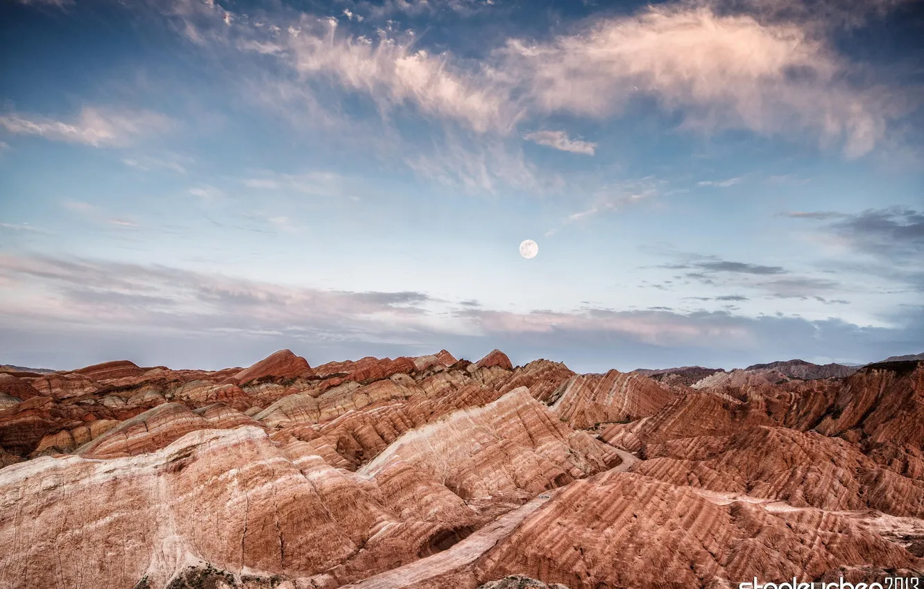 Photo wallpaper mountains, nature, the moon, the evening, China, twilight
