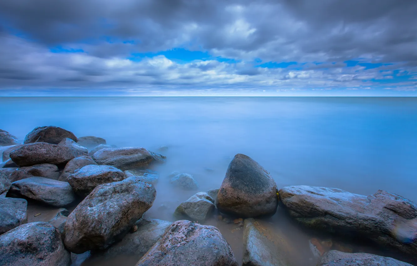 Photo wallpaper the sky, clouds, lake, stones, blue, shore, Michigan, USA