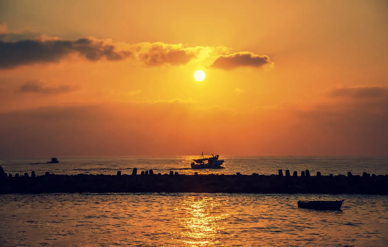 Photo wallpaper sea, clouds, sunset, boats, orange sky, Marina