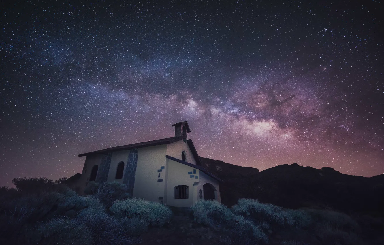 Photo wallpaper space, stars, mountains, Church, the milky way