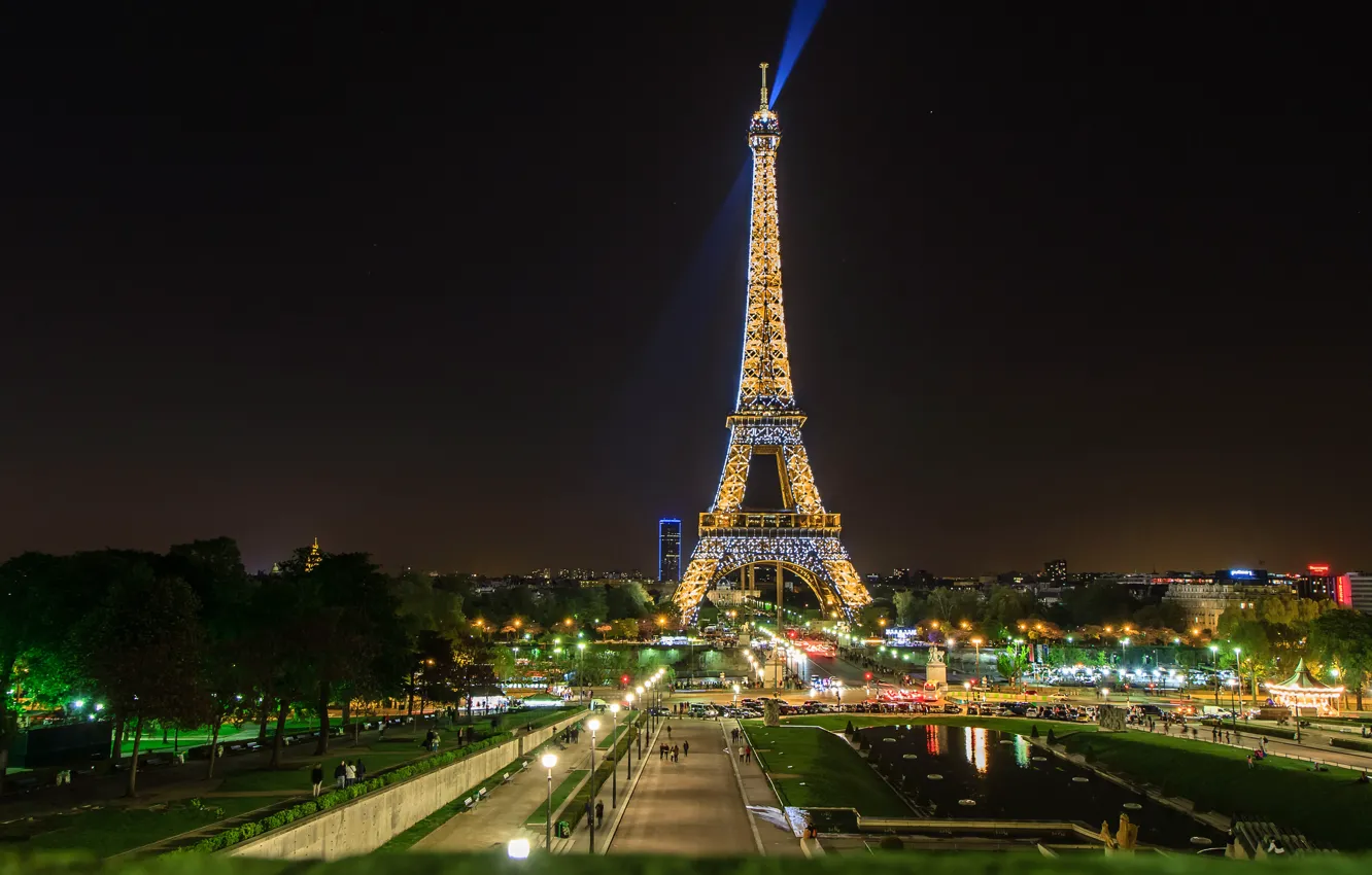 Photo wallpaper rays, landscape, night, Paris, tower, Paris, spotlight, Eiffel Tower