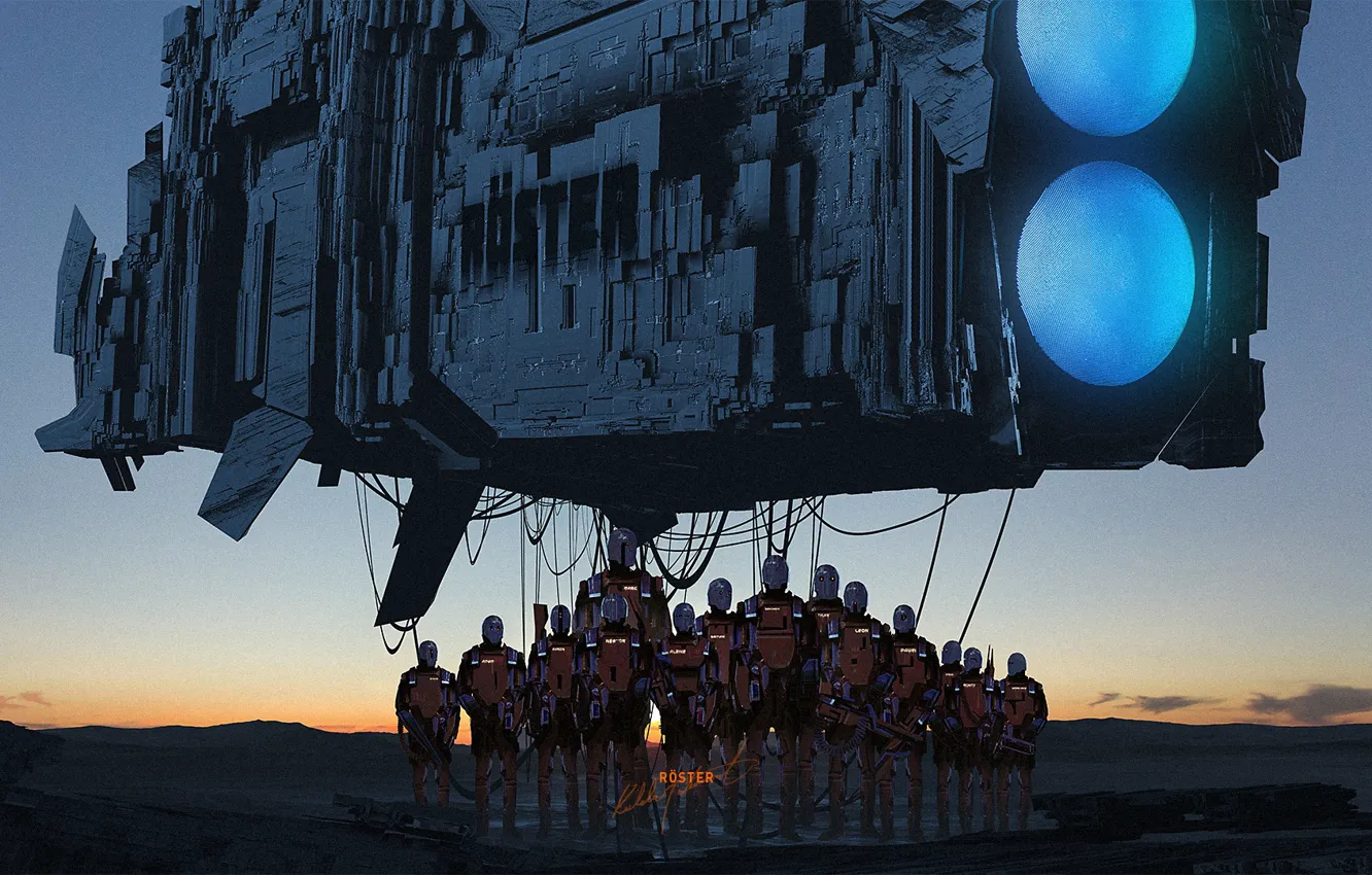 Photo wallpaper sunset, planet, fiction, art, ship, robot