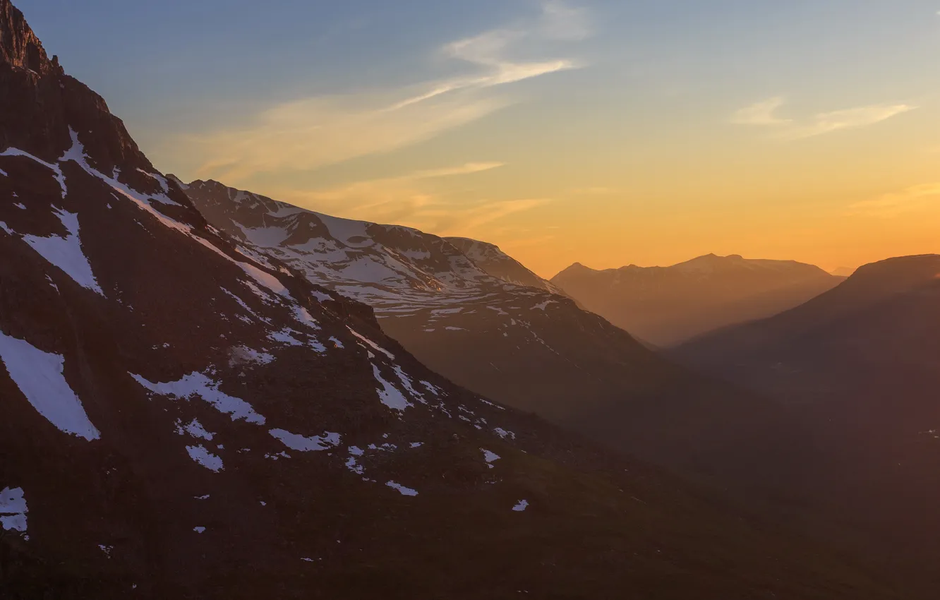 Photo wallpaper the sky, clouds, light, snow, mountains, fog, tops, height