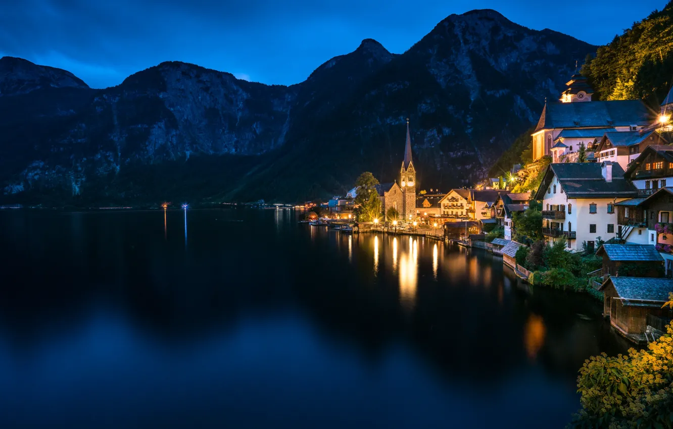 Photo wallpaper mountains, night, lake, building, home, Austria, Alps, town