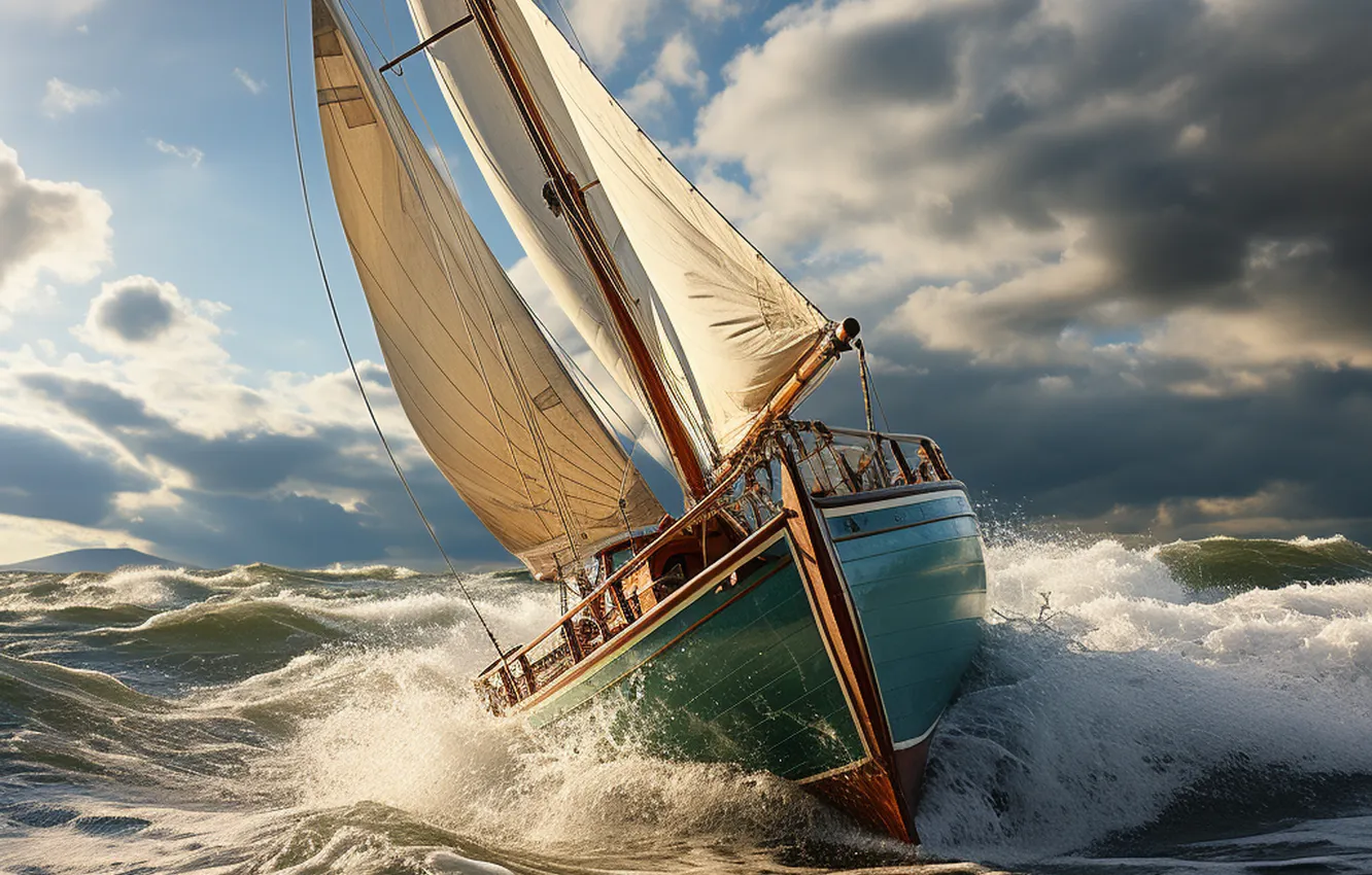 Photo wallpaper sea, wave, yacht, sail, digital art, AI art, The Art of Artificial Intelligence, neural network