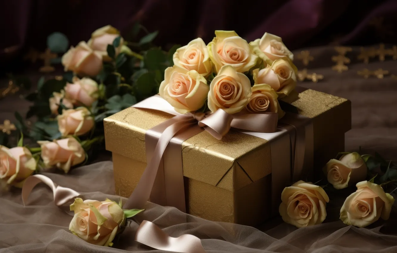 Photo wallpaper flowers, birthday, holiday, gift, roses, bouquet, candles, bow