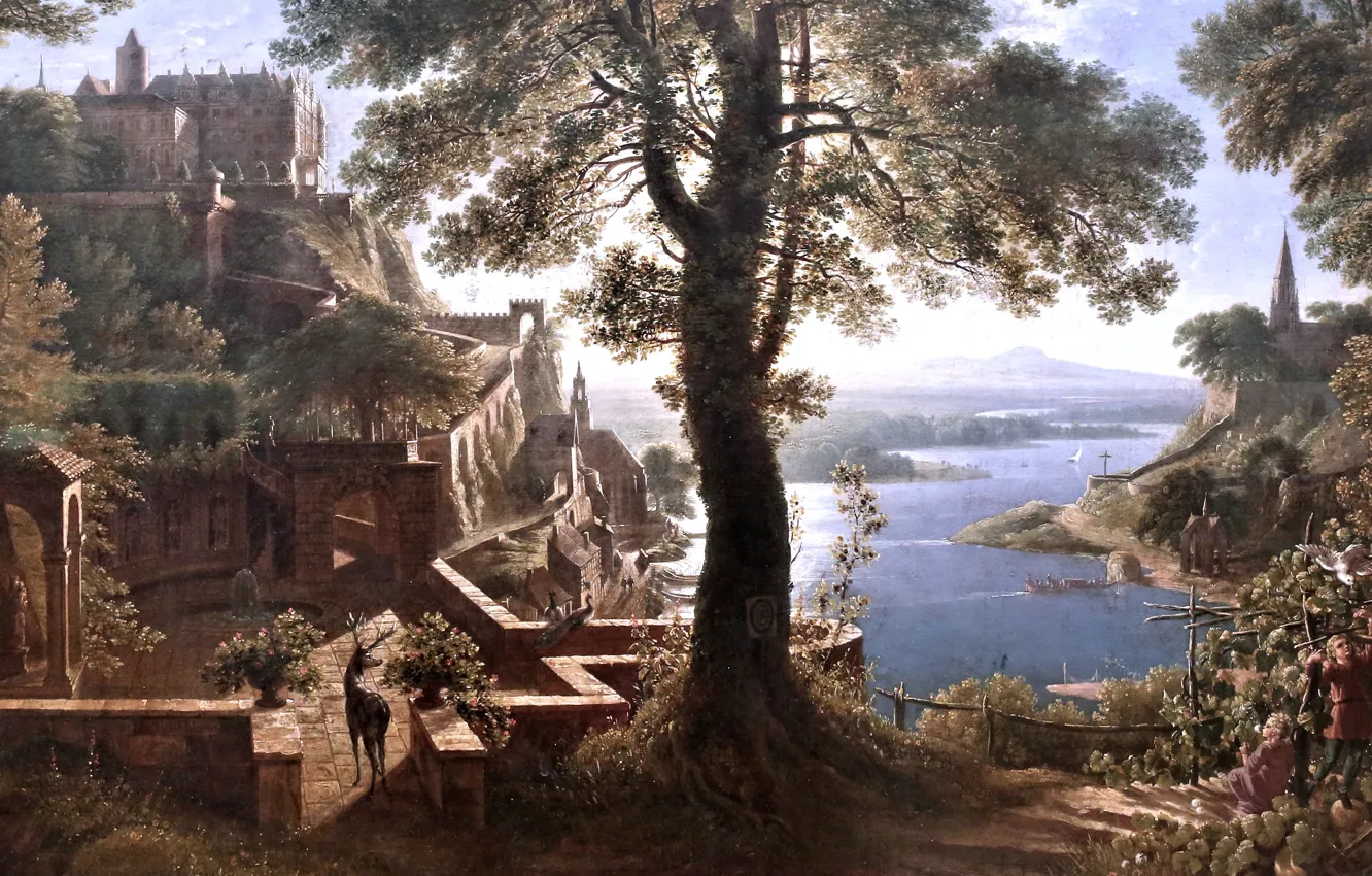Photo wallpaper picture, artist, Castle near the river, Castle riverside, Karl Friedrich Schinkel