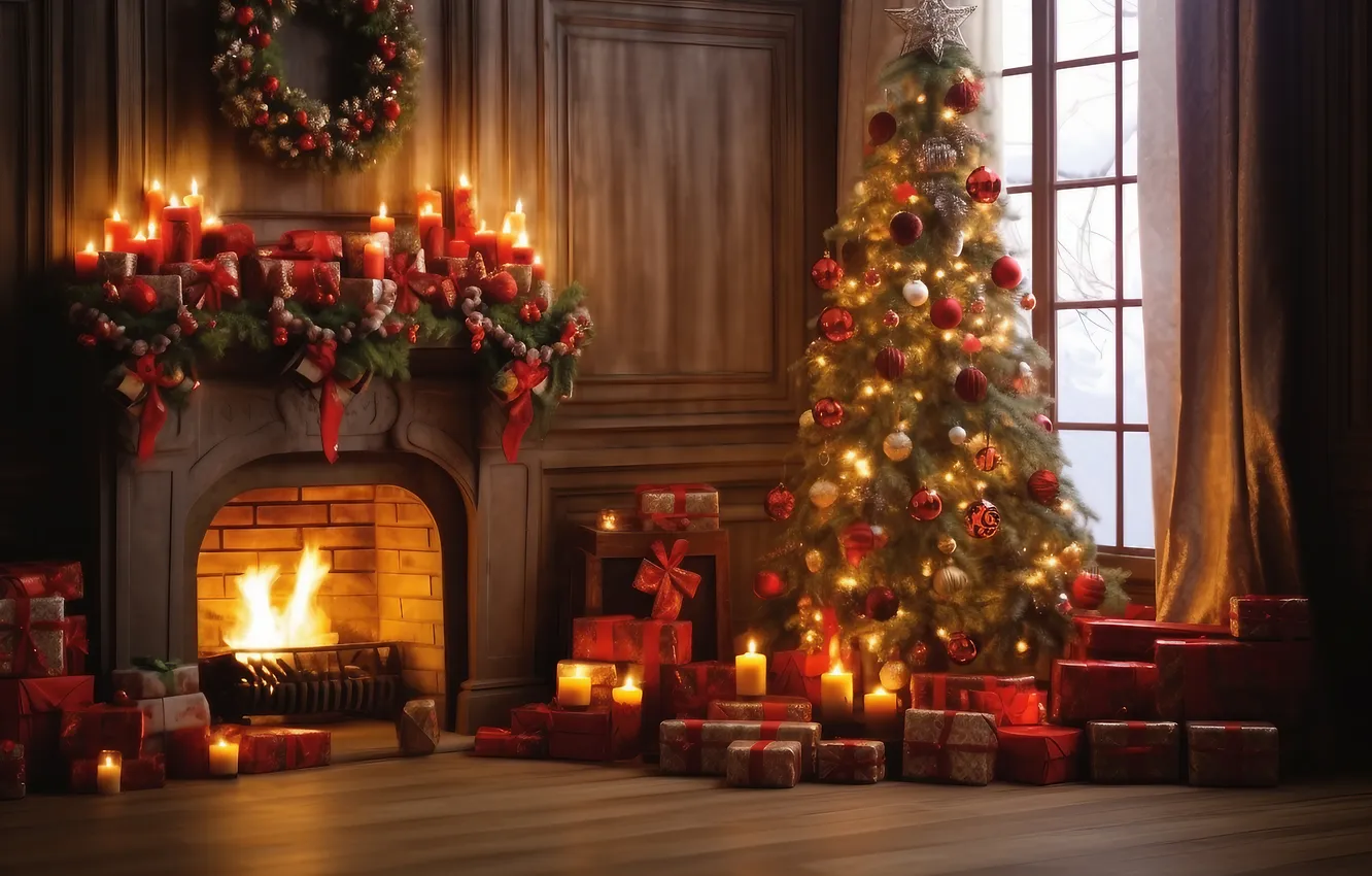 Photo wallpaper room, tree, new year, interior, Christmas, fireplace, Christmas, view