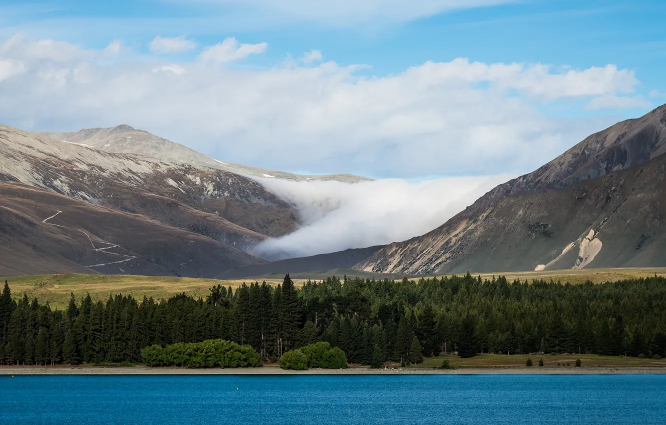 Photo wallpaper sky, trees, landscape, New Zealand, nature, water, mountains, clouds