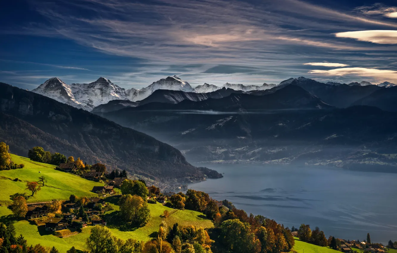 Photo wallpaper autumn, mountains, lake, Switzerland, Alps, Switzerland, Swiss Alps, Lake Thun