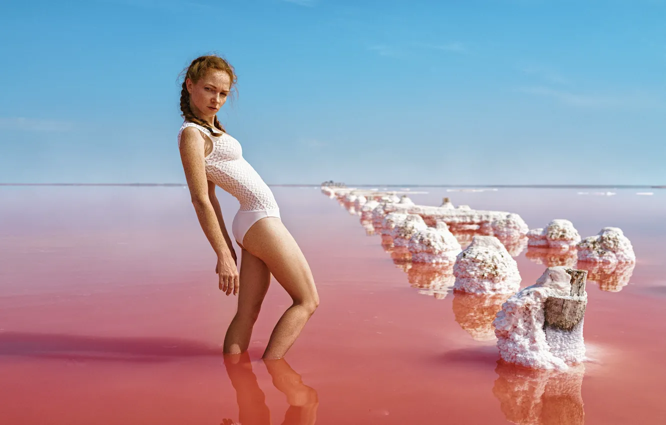 Photo wallpaper girl, lake, portrait, figure, pink, Crimea, in the water, George Chernyadev