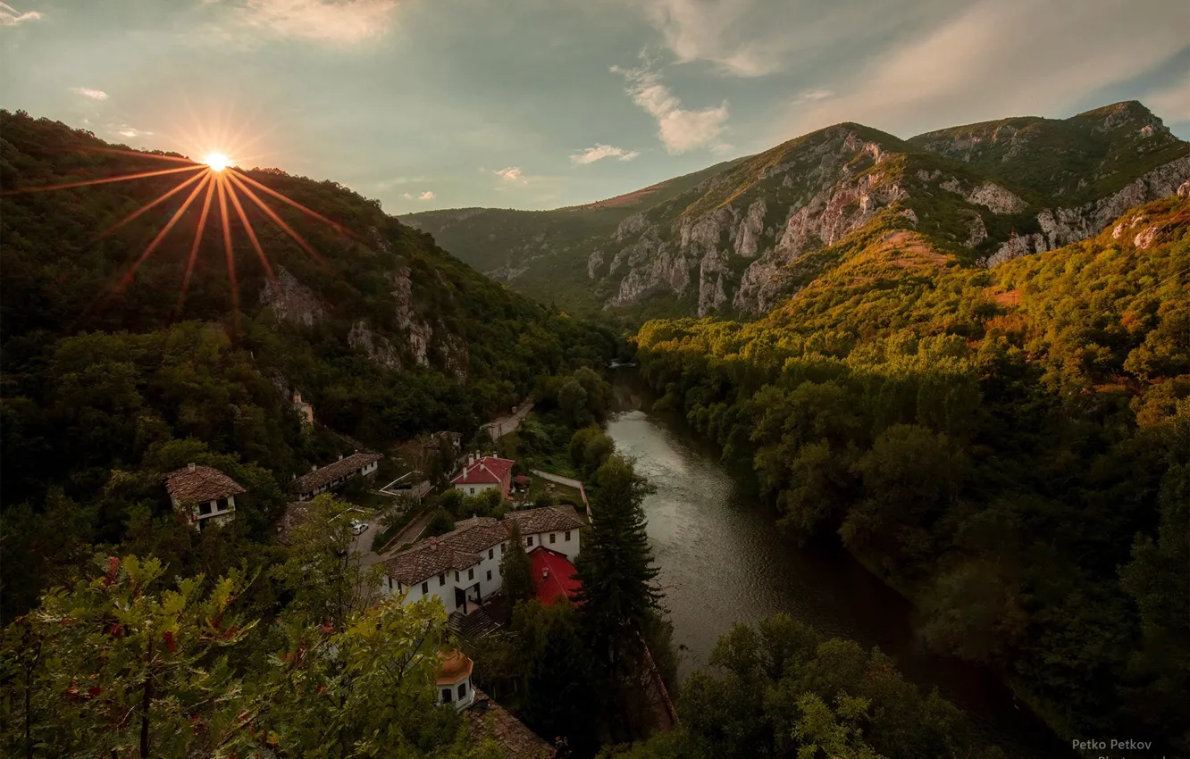 Photo wallpaper forest, the sun, rays, landscape, mountains, nature, river, home
