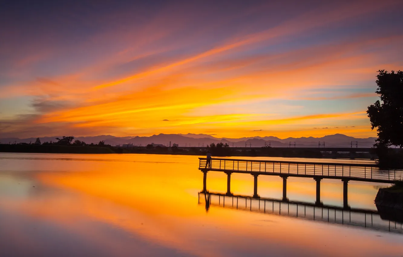 Photo wallpaper sunset, lake, Pierce