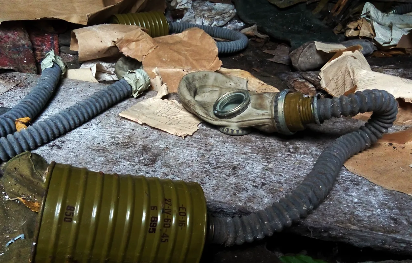 Photo wallpaper void, garbage, composition, gas mask, Chernobyl