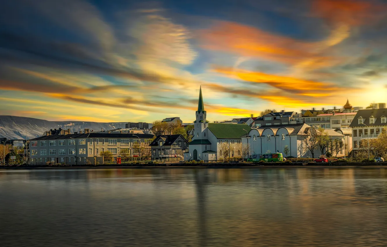 Photo wallpaper city, sky, landscape, water, clouds, Reykjavik, building, travel