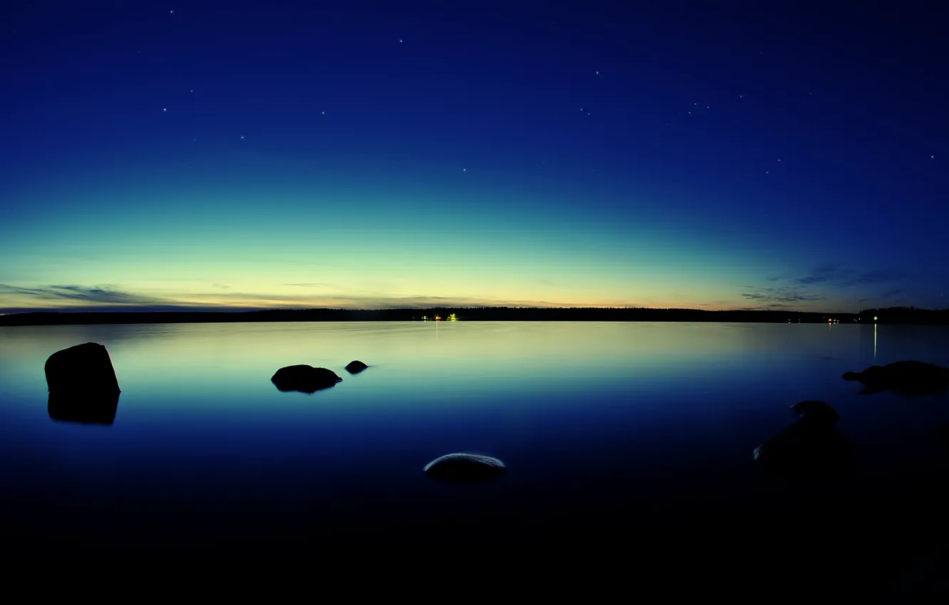 Photo wallpaper the sky, water, stars, sunset, lights, lights, lake, stones