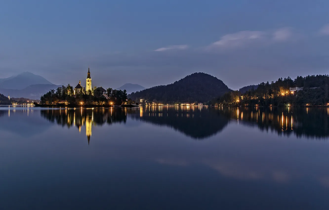 Photo wallpaper mountains, night, nature, lights, island, Church, Slovenia, lake bled
