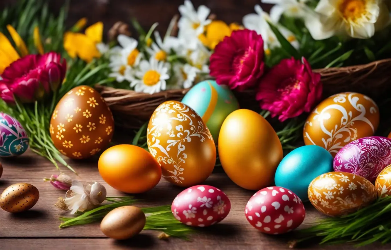 Photo wallpaper flowers, eggs, spring, colorful, Easter, flowers, spring, Easter