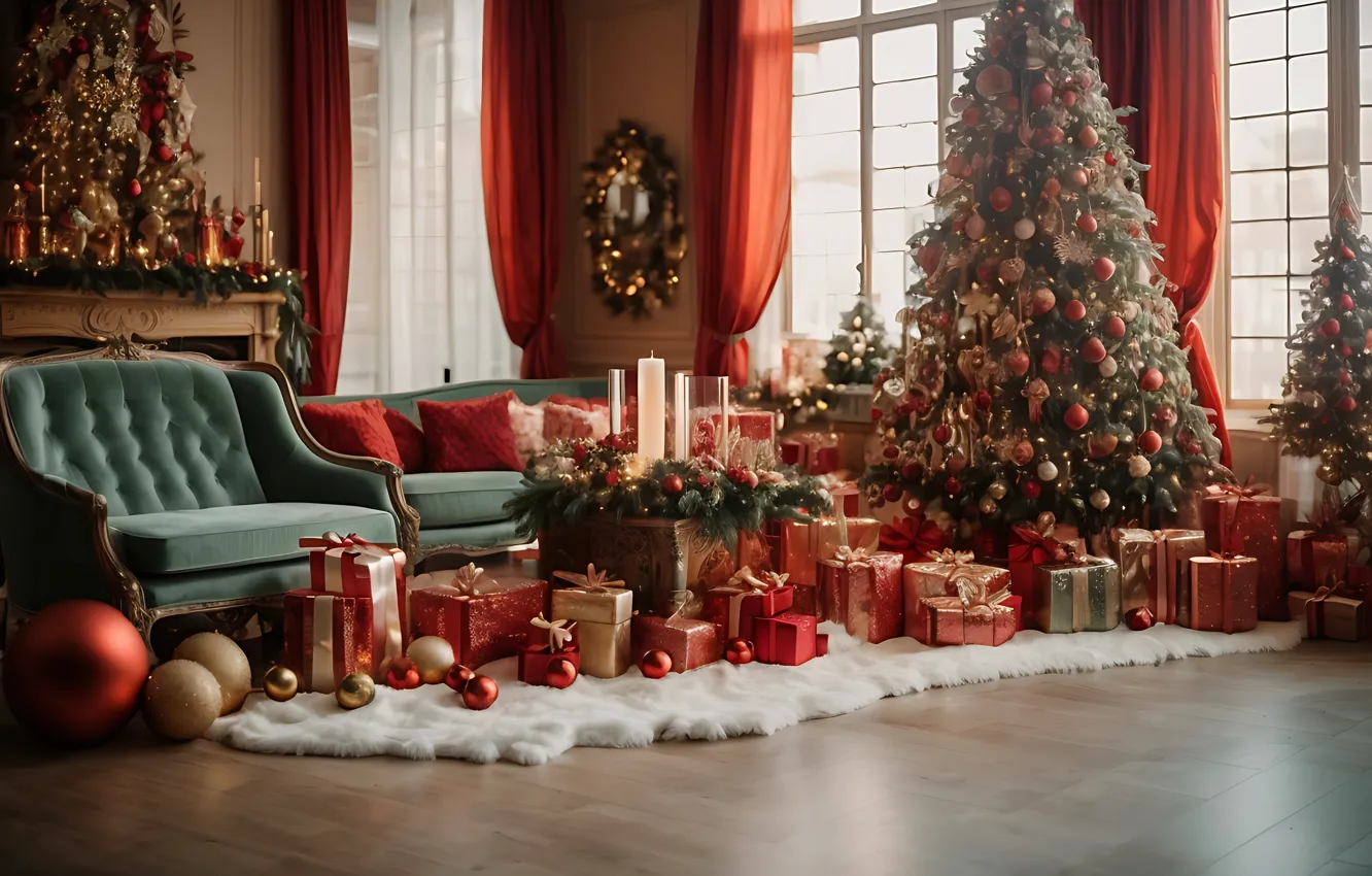 Photo wallpaper decoration, room, gift, balls, tree, new year, interior, Christmas