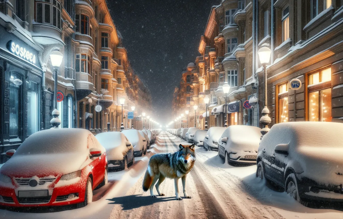 Photo wallpaper winter, machine, light, snow, night, the city, street, wolf