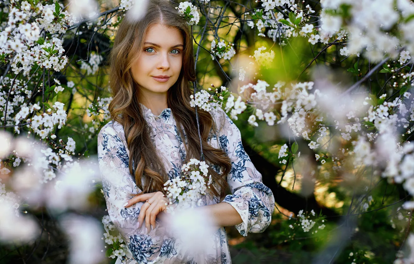 Photo wallpaper look, smile, Girl, dress, flowers, Alexander Urmashev