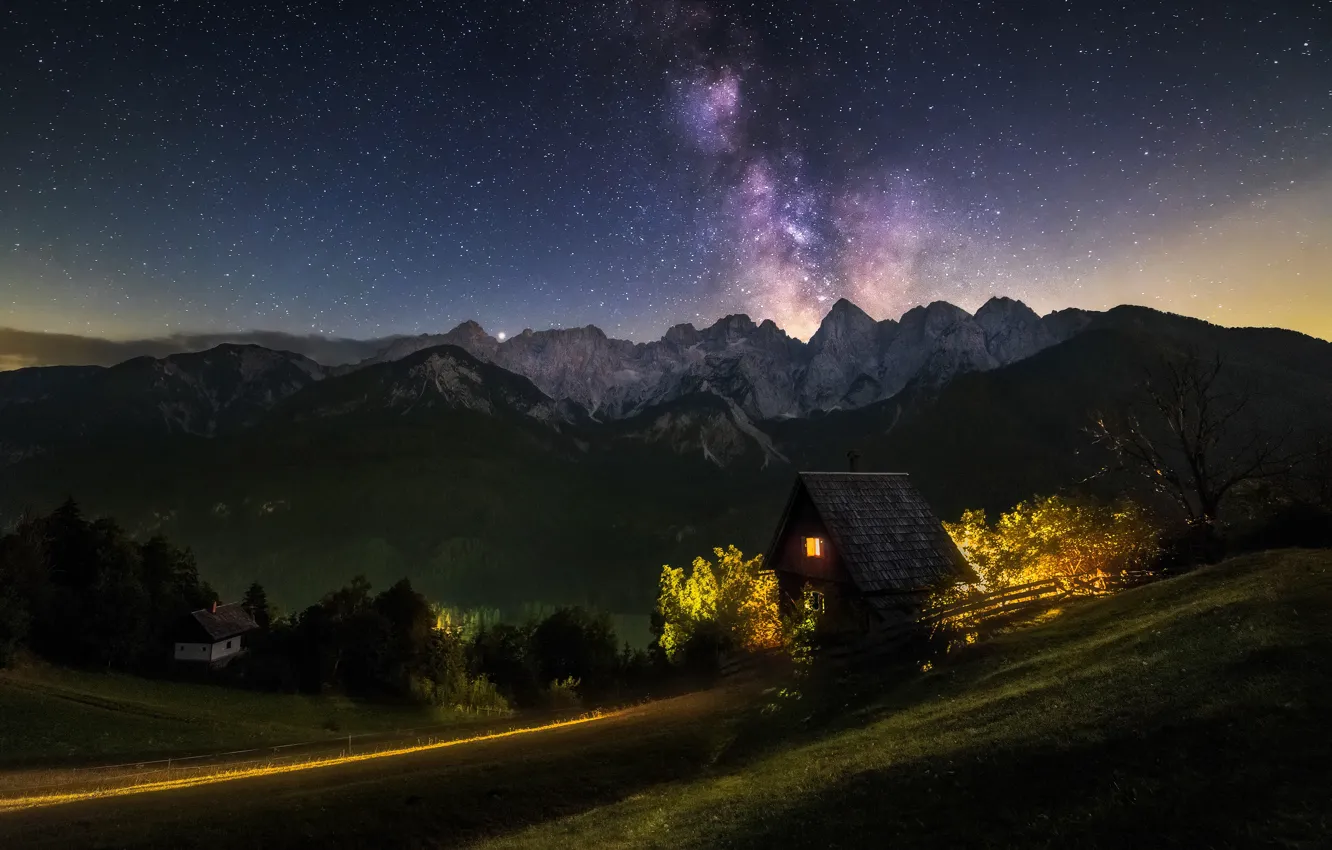 Photo wallpaper stars, light, mountains, night, lights, Alps, house, the milky way