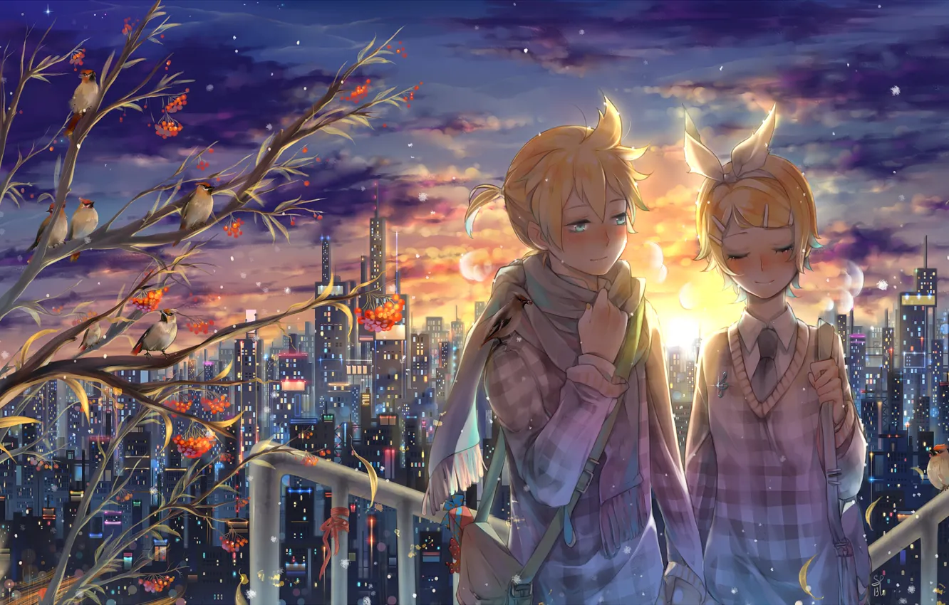 Photo wallpaper winter, sunset, snowflakes, the city, mood, anime, boy, girl