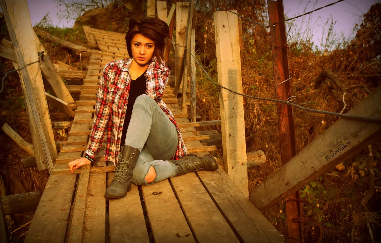 Photo wallpaper look, legs, Anna, wooden bridge