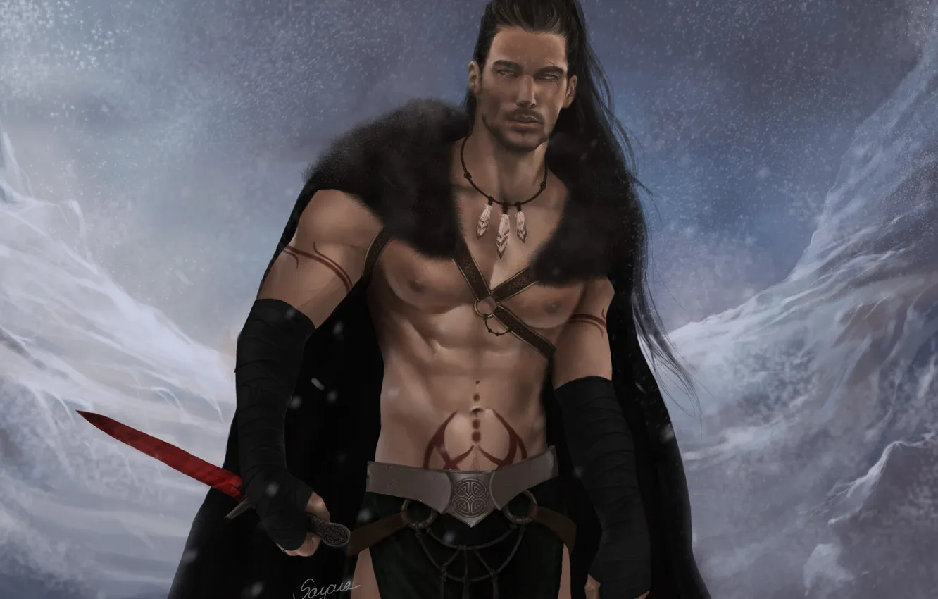 Photo wallpaper snow, art, tattoo, symbol, fur, dagger, male, cloak