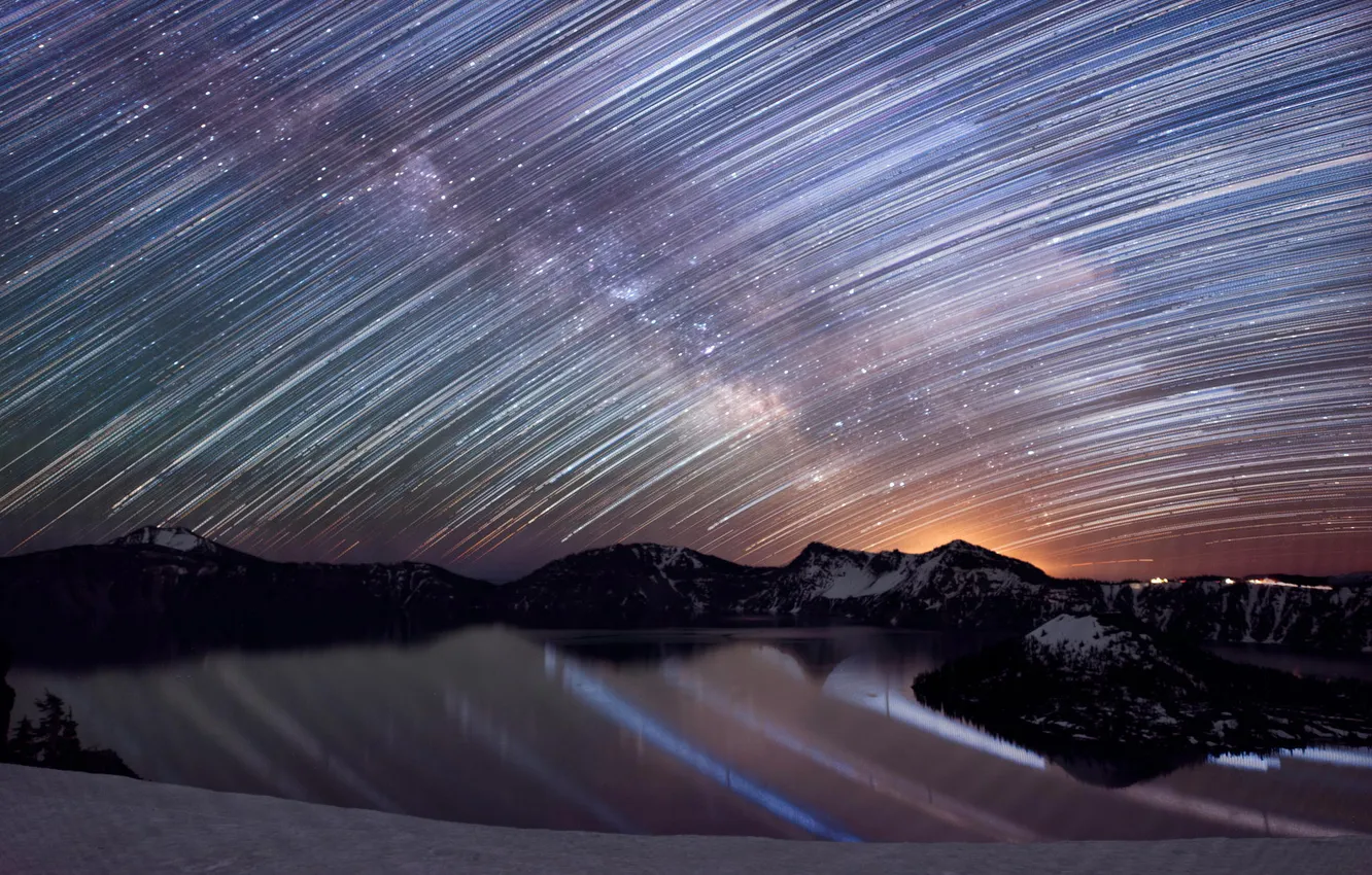 Photo wallpaper forest, the sky, stars, mountains, night, lake, excerpt, panorama