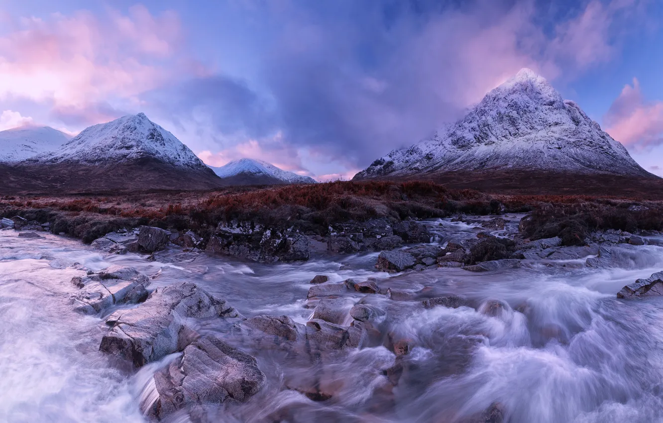 Photo wallpaper snow, mountains, river, stones, for, the evening, Scotland, River Coupall