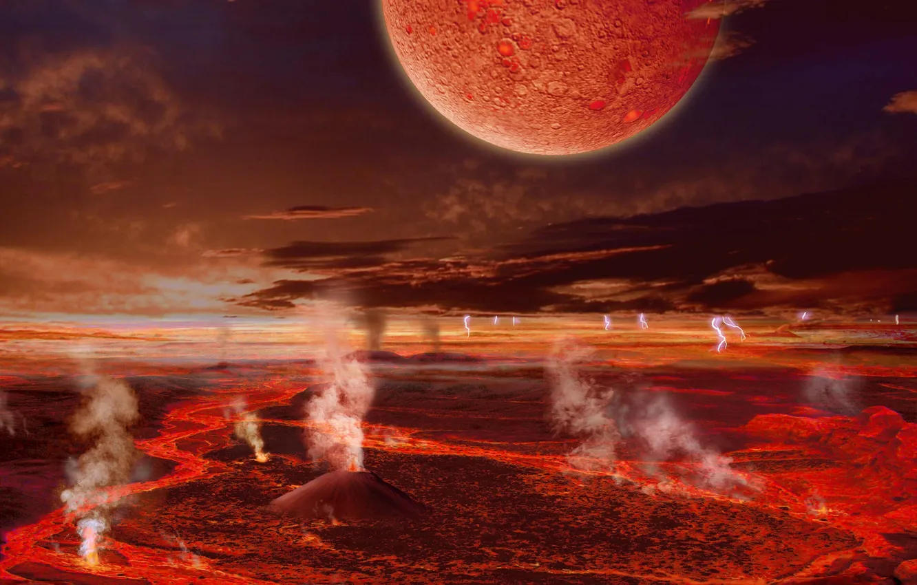 Photo wallpaper earth, the moon, lightning, the volcano, the eruption, formation