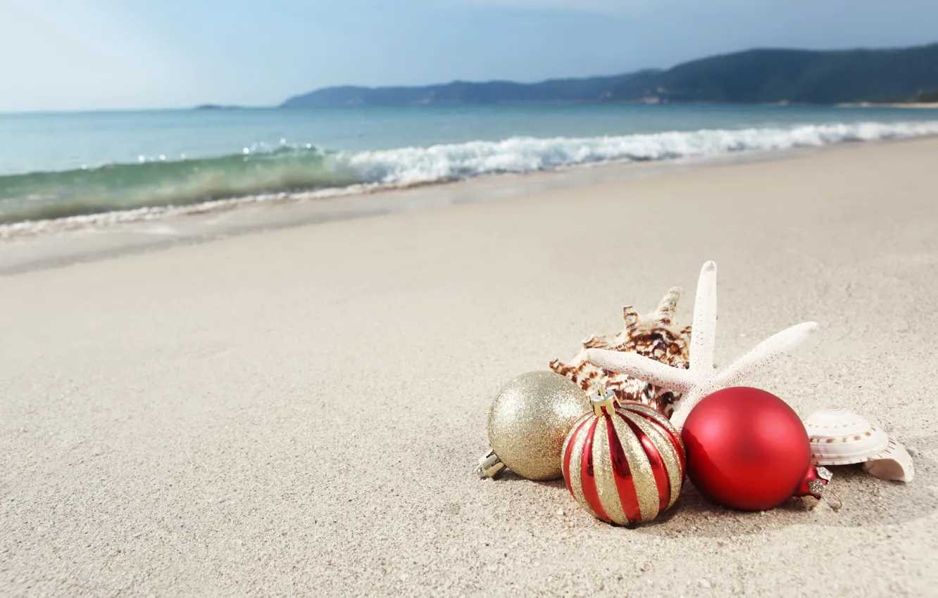Photo wallpaper sand, sea, beach, decoration, toys, New Year, shell, beach