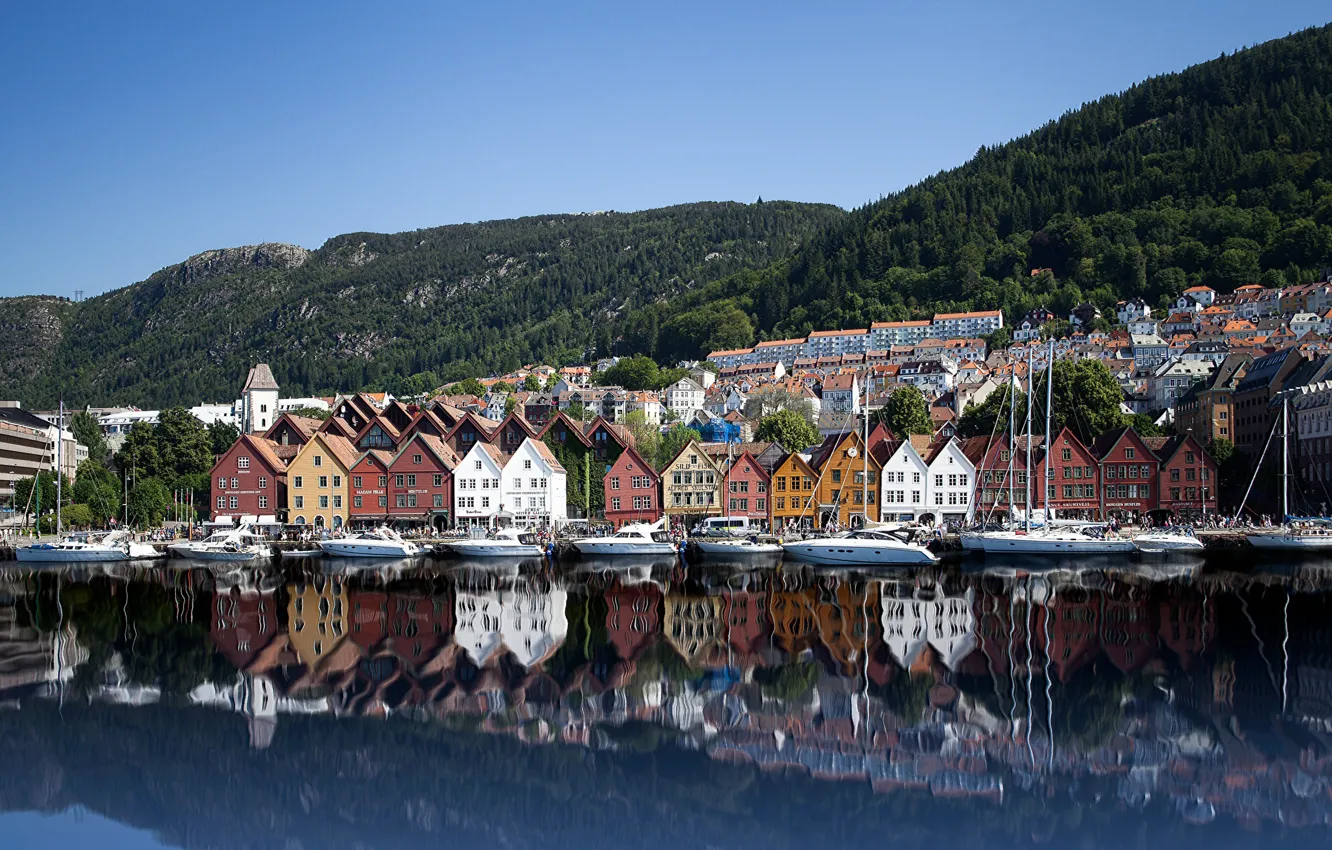 Photo wallpaper sea, mountains, home, yachts, Norway, promenade, Bryggen