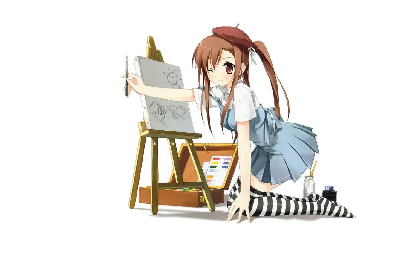 Photo wallpaper figure, schoolgirl, takes, on my knees, easel, striped stockings, by kantoku