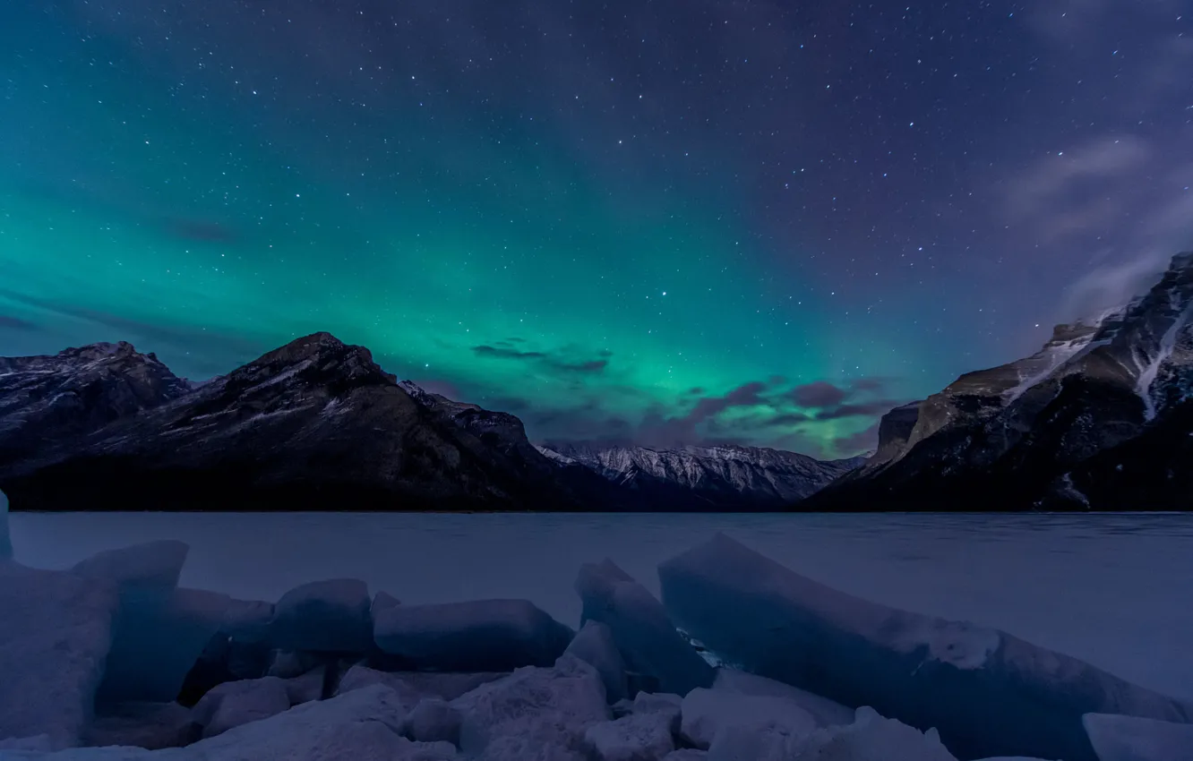 Photo wallpaper Sky, Canada, Aurora, Winter, Lights, Night, Northern, Lake