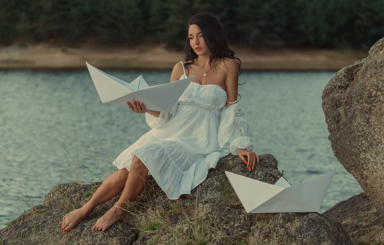 Photo wallpaper girl, stones, boat, Acts Novels