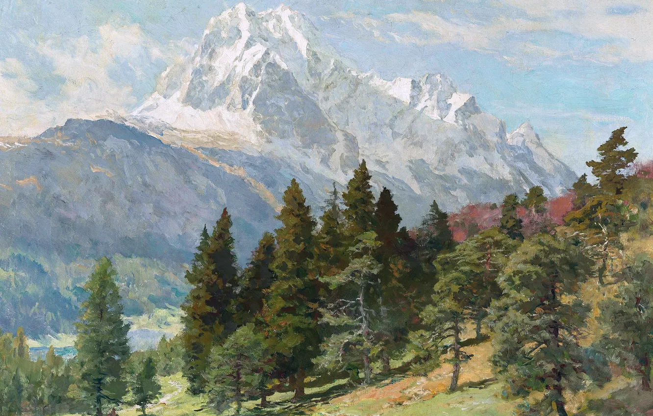 Photo wallpaper Mountains, Trees, Picture, German landscape painter, Edward Harrison Compton, View of the Wetterstein Mountains by …