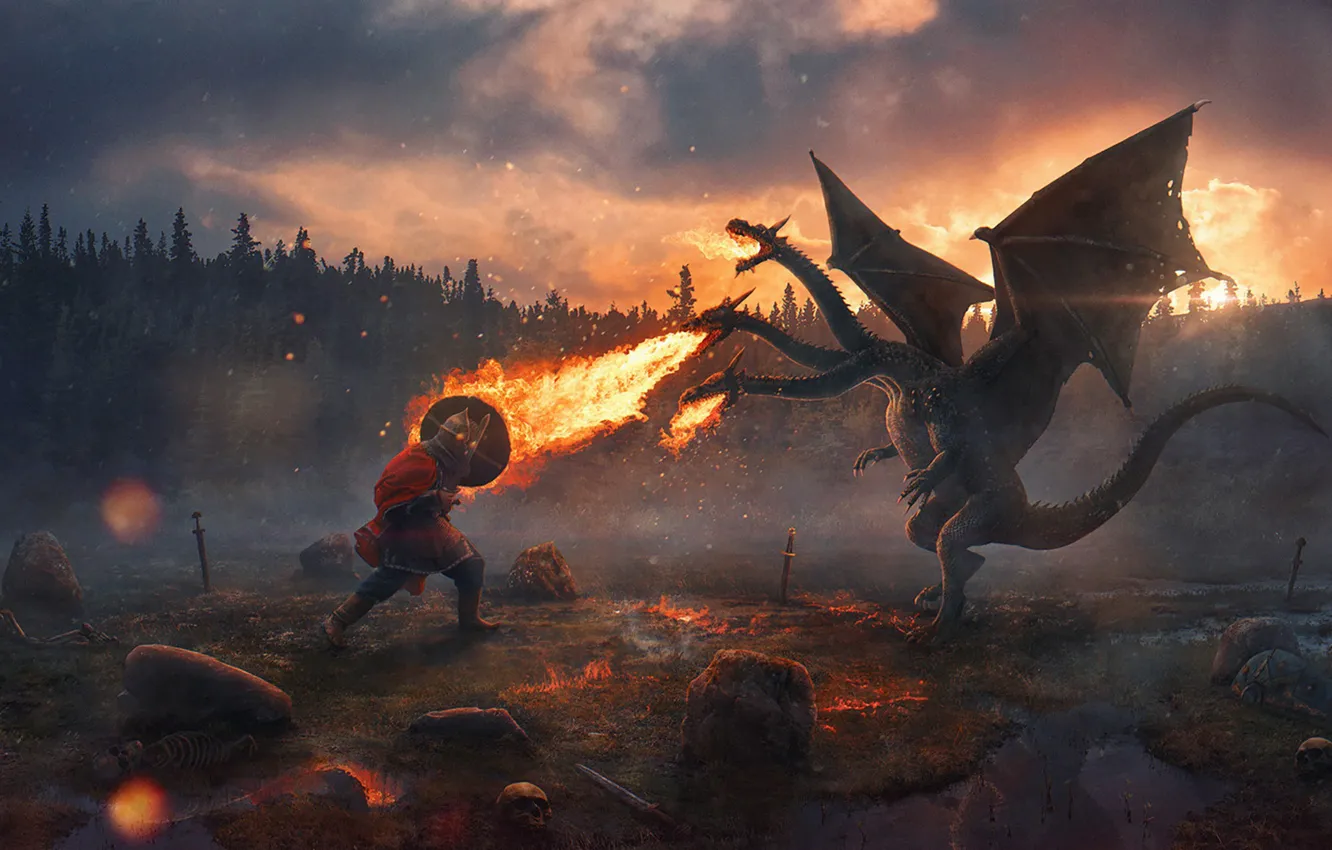 Photo wallpaper forest, sunset, stones, flame, sword, armor, bones, Russia