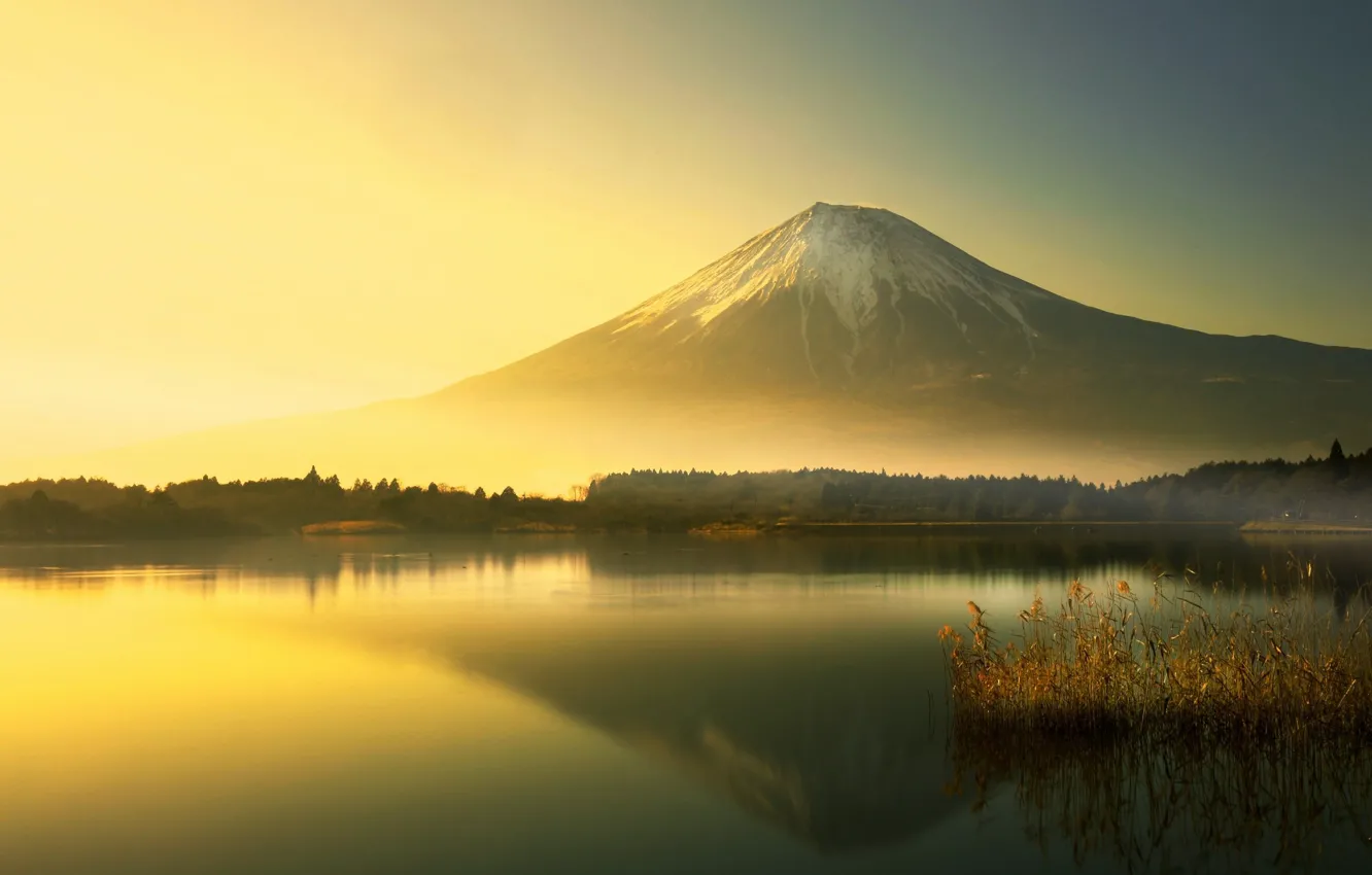 Photo wallpaper morning, Fuji, mount Fuji, Lake Yamanaka, lake Yamanaka