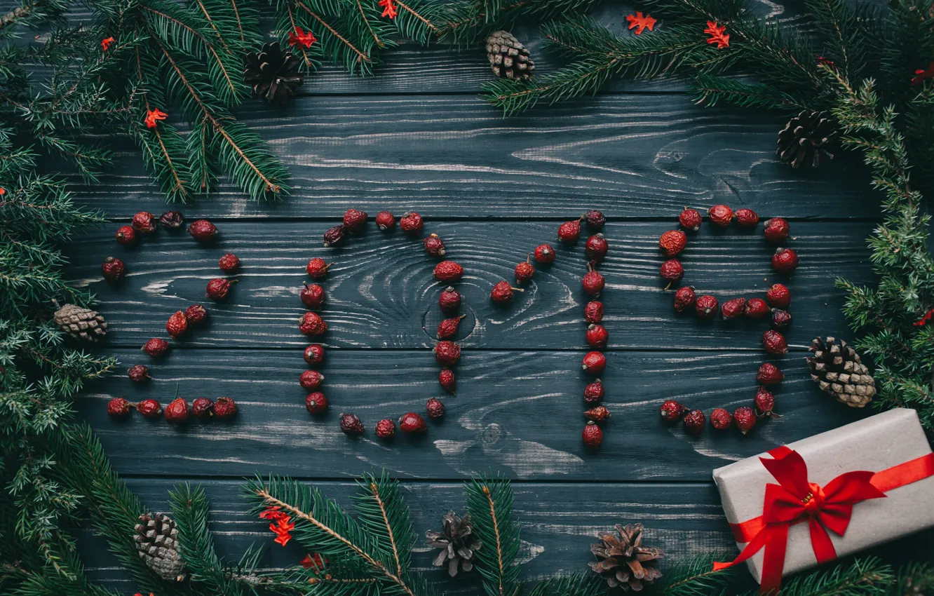 Photo wallpaper berries, background, tree, New Year, Christmas, Christmas, wood, New Year