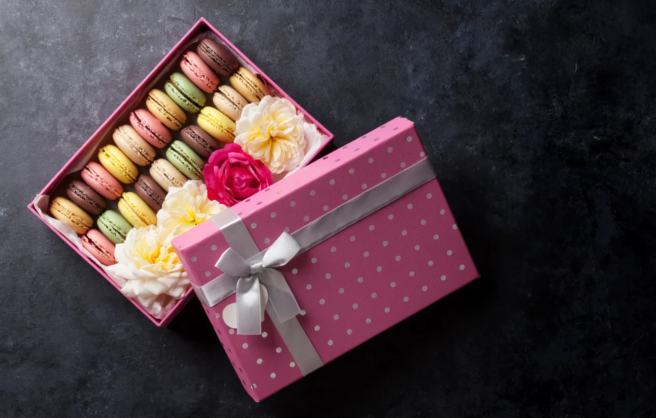 Photo wallpaper flowers, box, cookies, box, flower, decor, sweet, macaroon