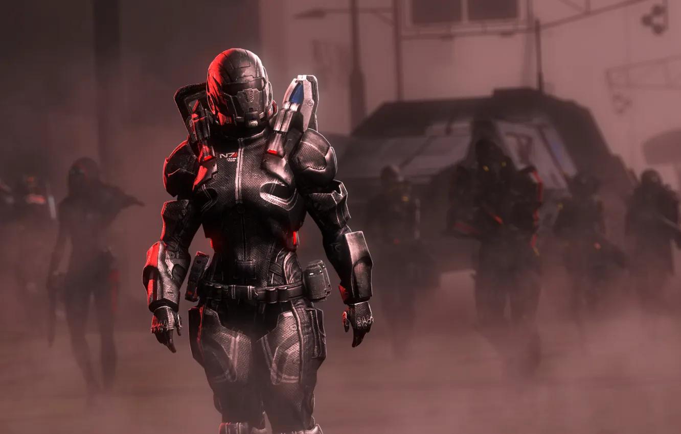 Photo wallpaper girl, weapons, the game, helmet, armor, squad, Shepard, mass
