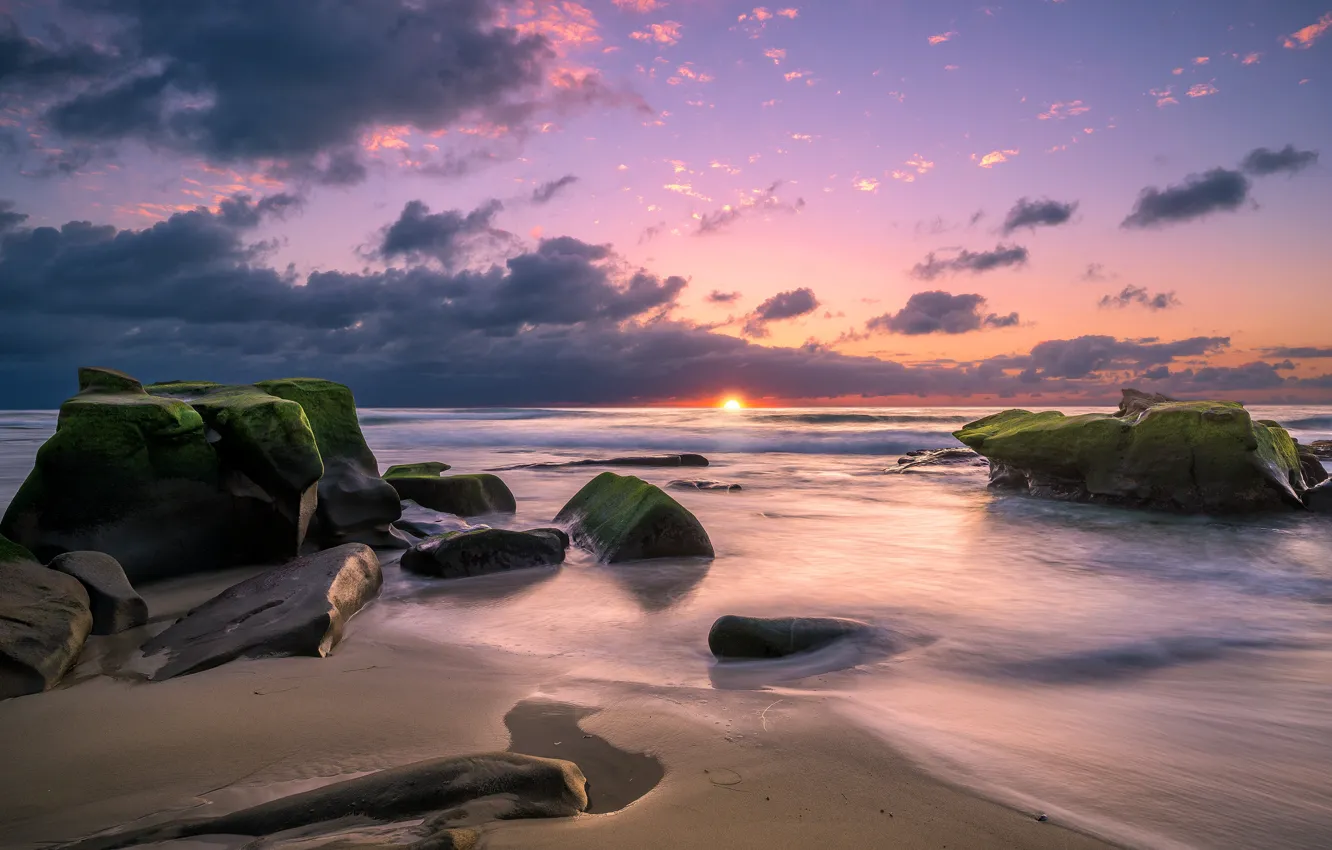 Photo wallpaper sea, sunset, stones, shore, the evening
