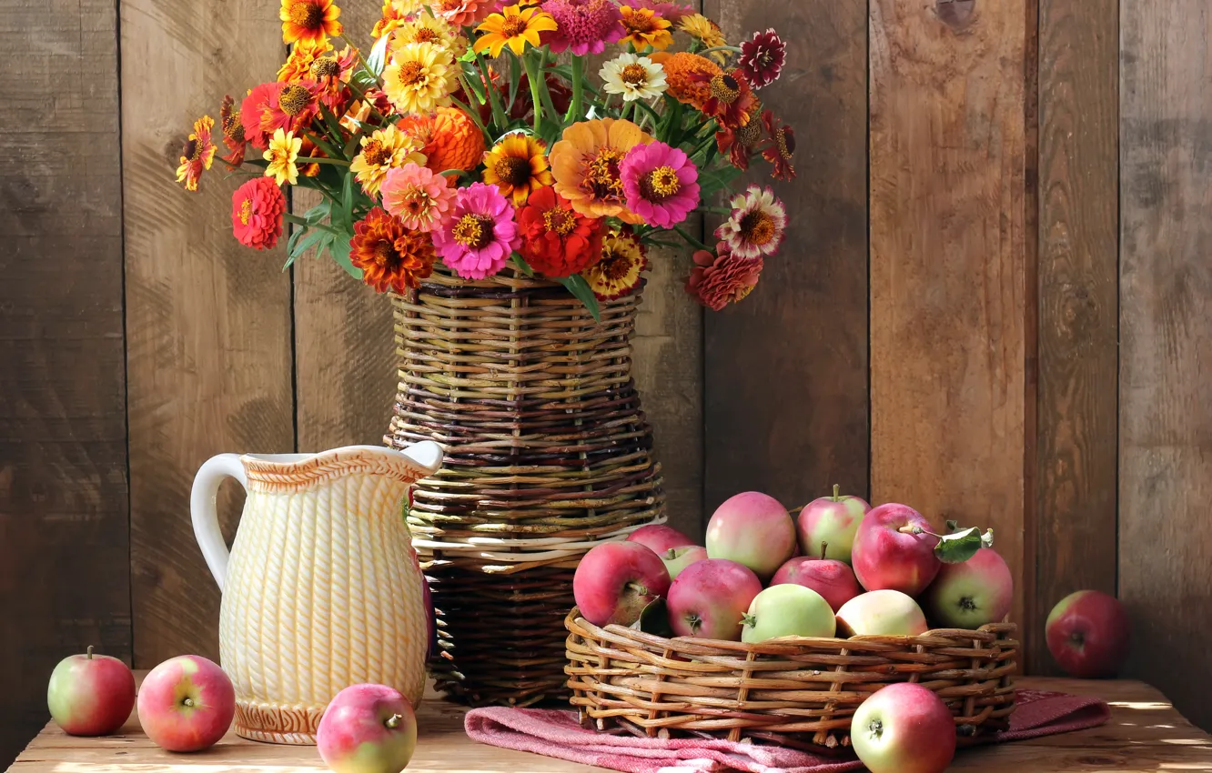 Photo wallpaper autumn, flowers, apples, bouquet, colorful, fruit, still life, flowers
