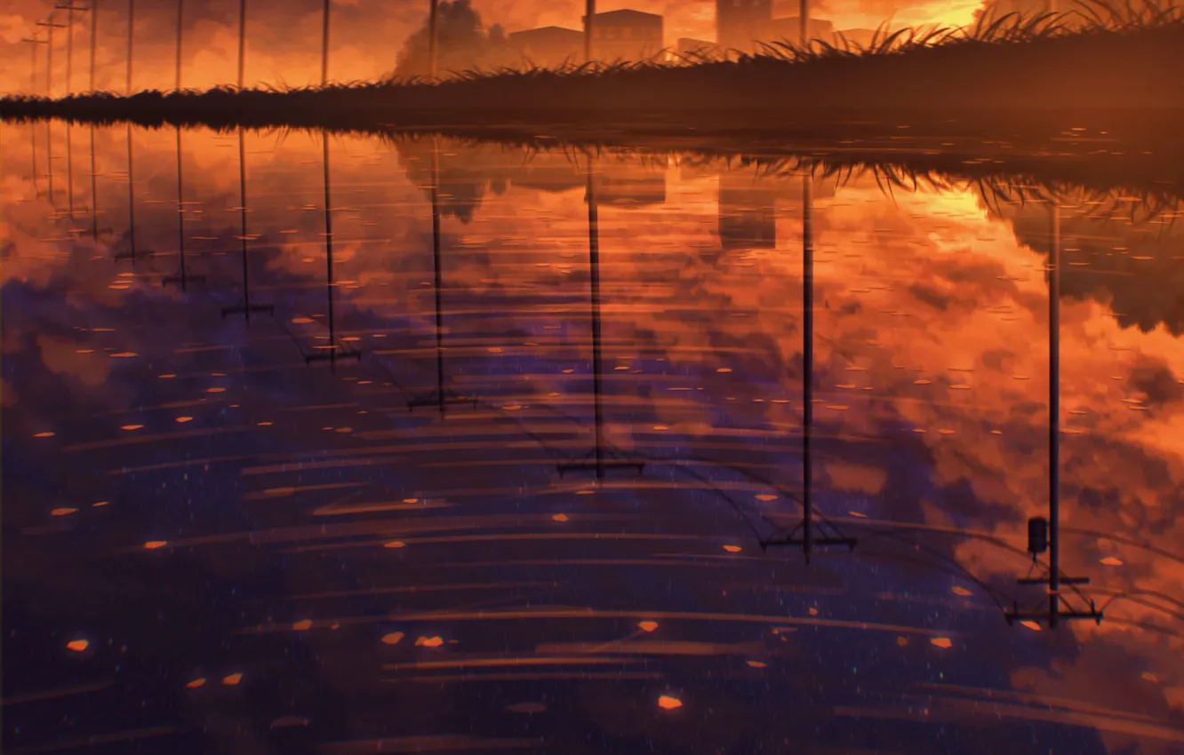 Photo wallpaper lake, reflection, home, power lines