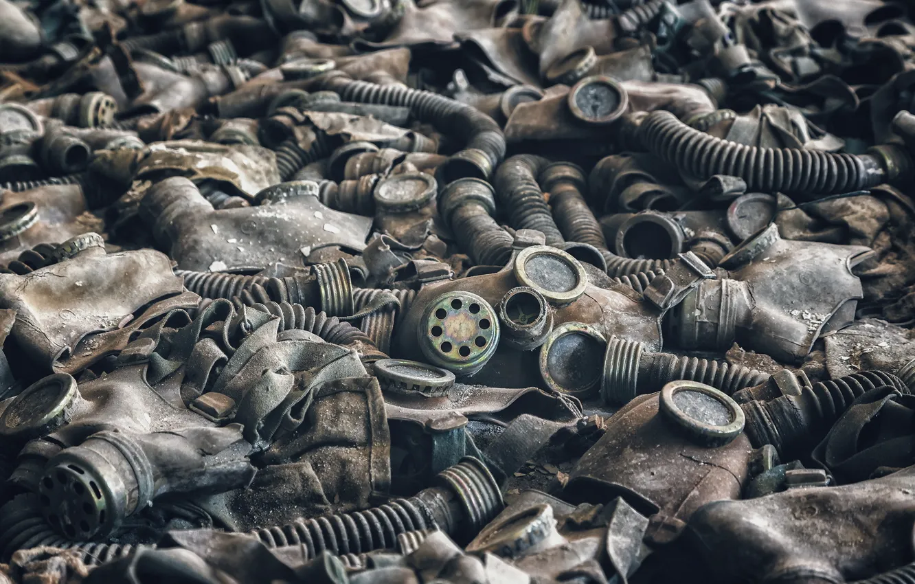 Photo wallpaper background, gas mask, dump